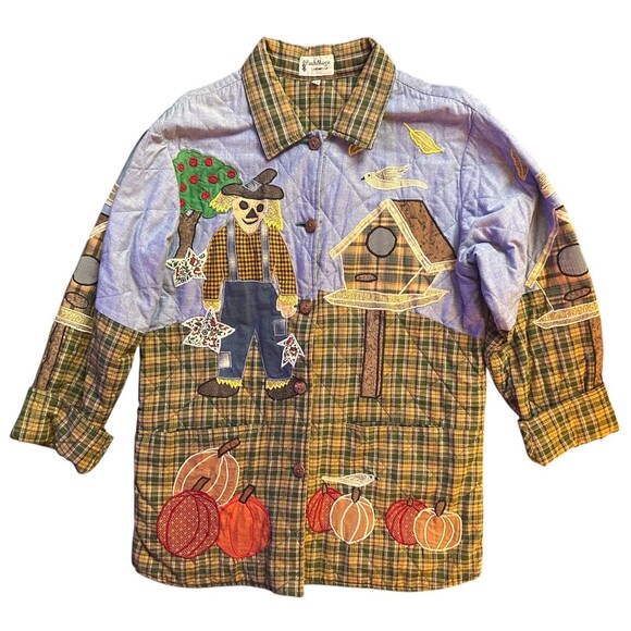 Patch Magic Button Up Shirt Medium Quilted Scarecrow Pumpkin Fall Vintage 90s - Picture 1 of 5